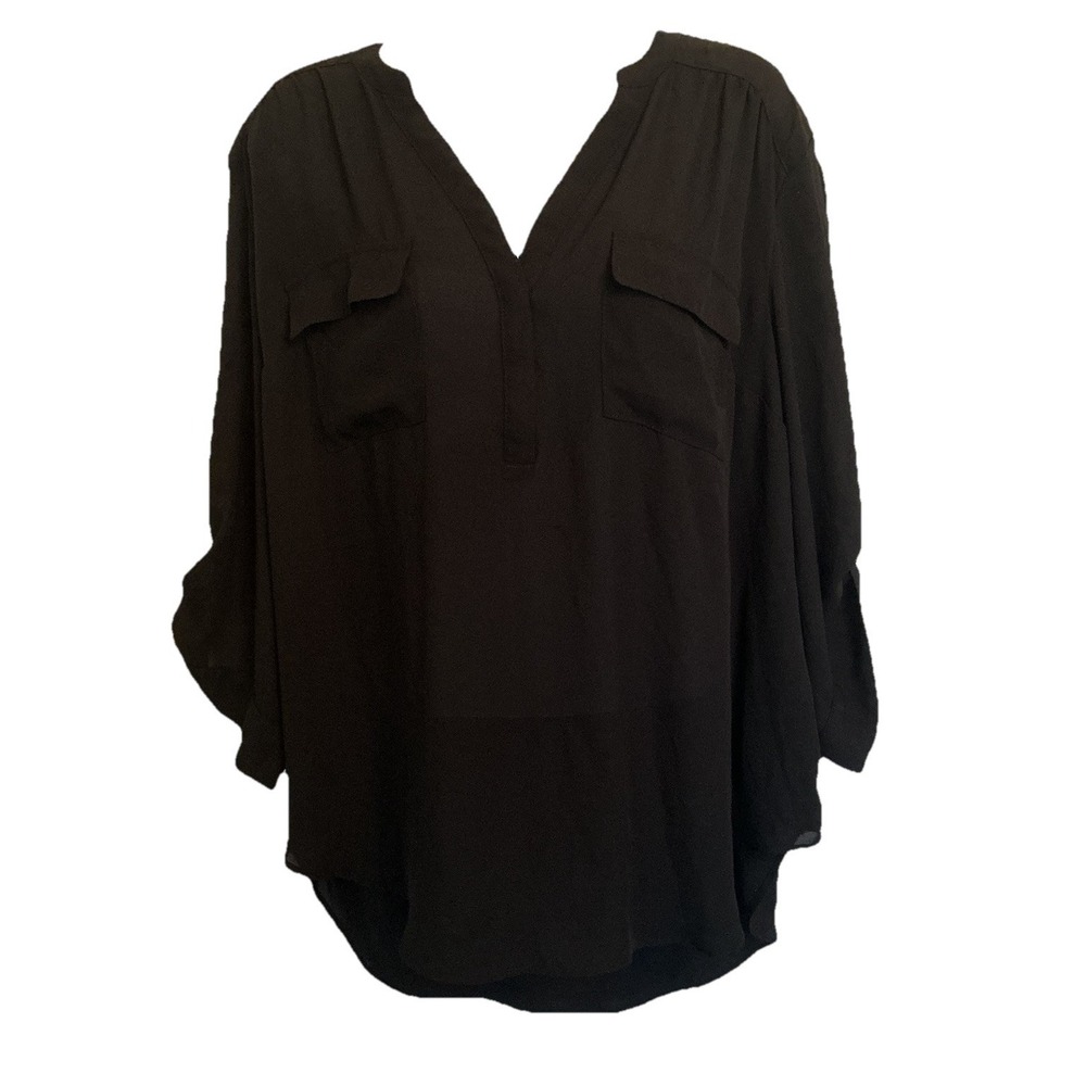 Torrid Harper Blouse Women's Size 2 Black Roll Tab Sleeve V-Neck Shirt Top Tunic